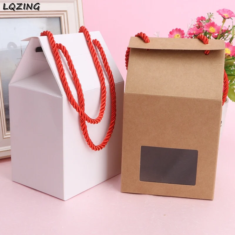

Kraft Paper Bag Clear Window Craft Gift Box Red Rope Handle,Blank Brown&White Store Candy Cake Dessert Bag Packaging Supplies