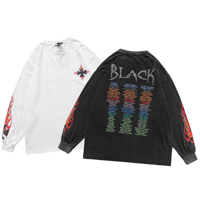 

Arm fire Wash and make old Hip hop Long Sleeve Sweatshirt t-shirt oversized Men's clothes Harajuku High street fashion Japanese