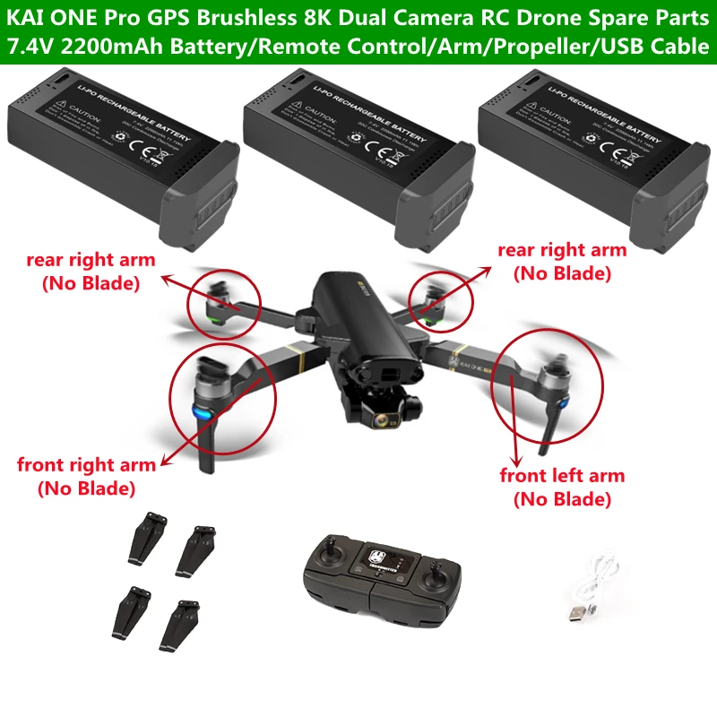 

KAI ONE Pro 8K Dual Camera GPS Brushless 3-Axis GImbal RC Drone Spare Parts 7.4V 2200mAh Battery/Transmitter/Blade/Arm/USB Cable