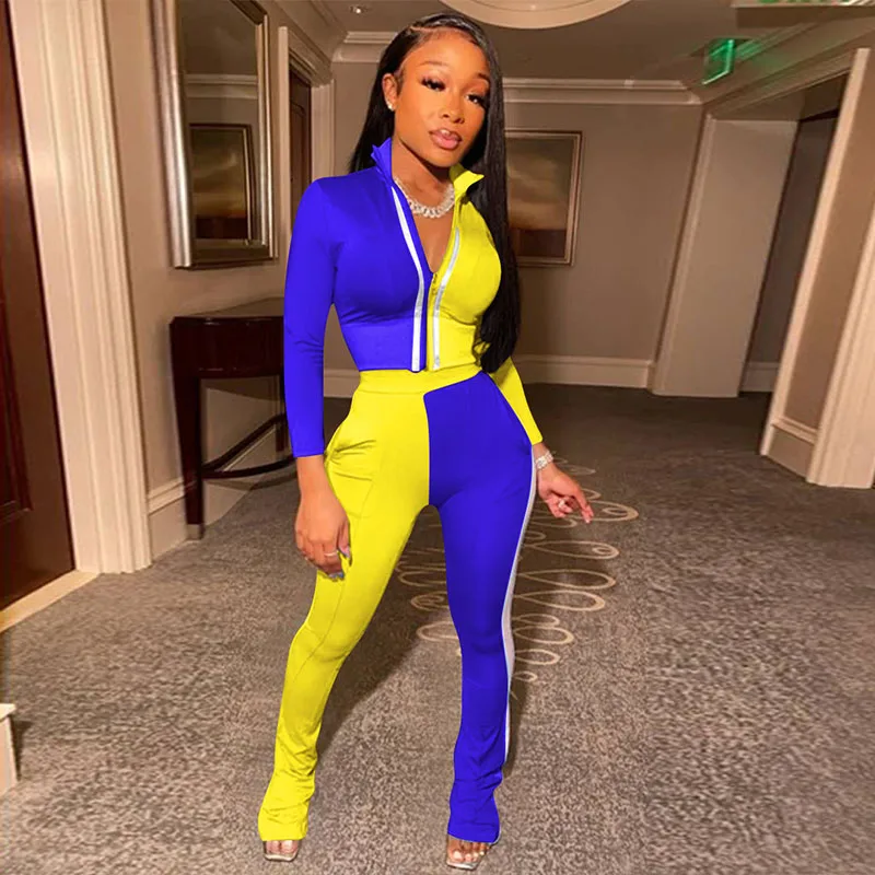

ZKYZWX Sexy Two Piece Set Zipper Long Sleeve Top+Patchwork Pants Women Club Outfits Tracksuit Fall Winter Clothing Matching Sets