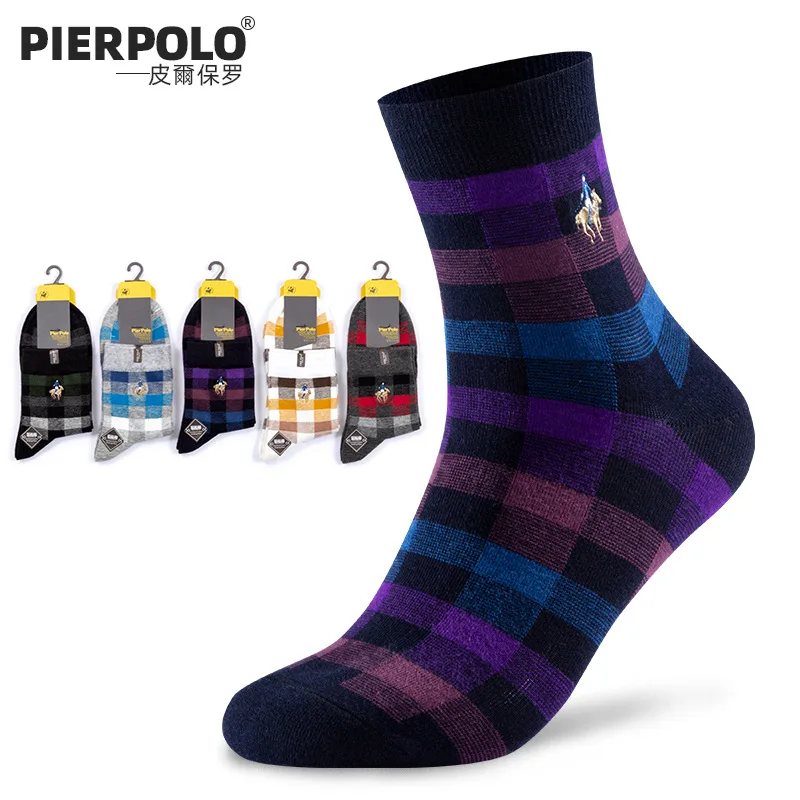 

2023 New Fashion Pier Polo Business Casual Men Crew Socks Winter Embroidery British Style Plaid Cotton Brand Man Socks