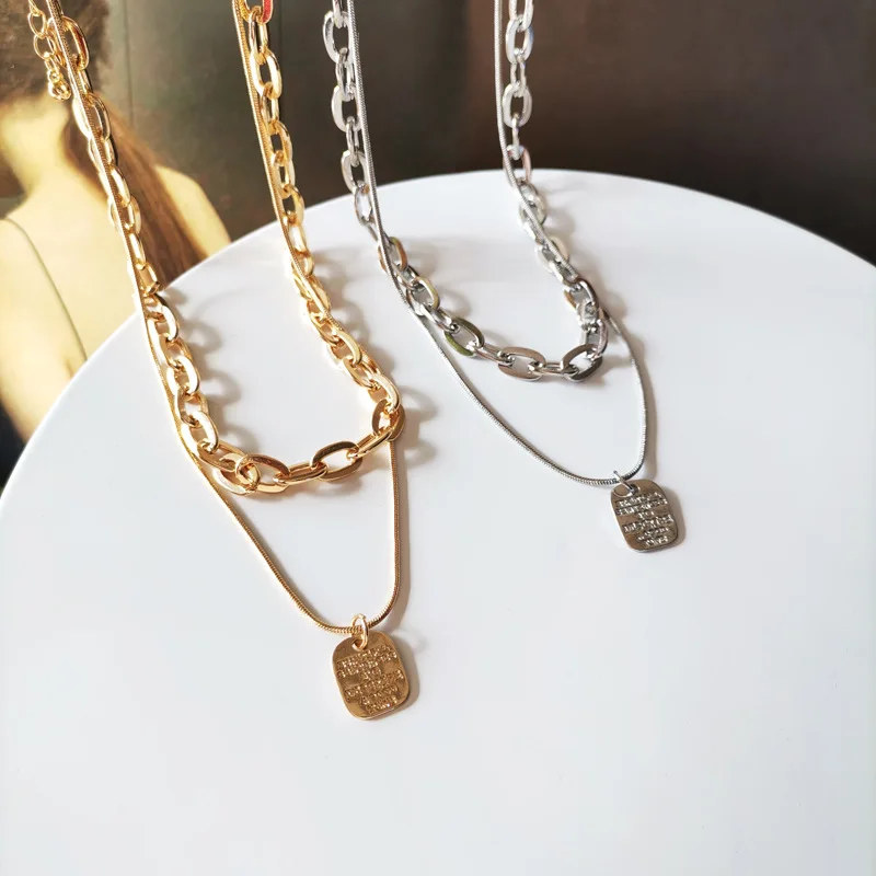 

European and American Personality Double-layer Necklace Trendy Letter Tag Necklace Temperament Simple Necklace for Women