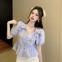 doll shirt short sleeved shirt summer bow tie solid color womens ruffle pullover retro shirt womens sexy top
