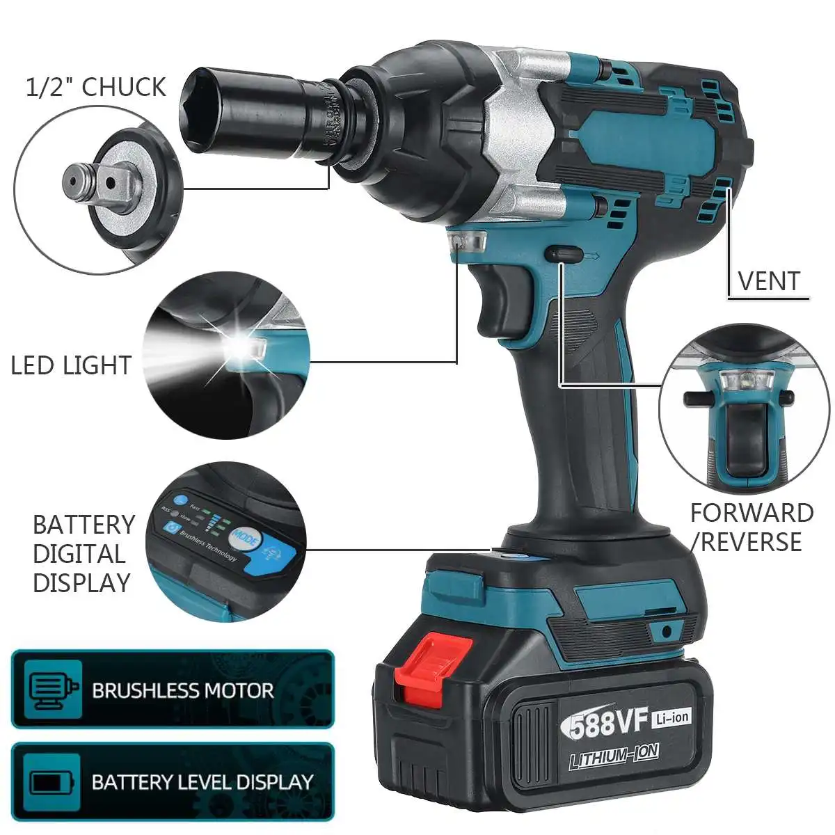 2000N.M Cordless Electric Impact Wrench 1/2 inch Socket Power Tools Car Repair 588Vf Li Battery +LED Adapt to Makita | Инструменты