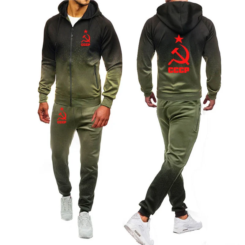 

Winter Autumn warm Tracksuit Men Hoodie sweatshirt jacket sweatpants suit Unique CCCP Russian USSR Soviet Union Print sportwear