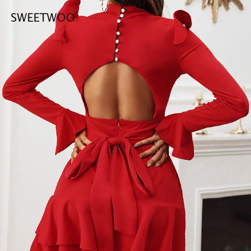 

2021 Autumn Women's Fashion Elegant Casual Mini Solid Color Backless Ruffled Long-Sleeved Dress Ruffled Dress