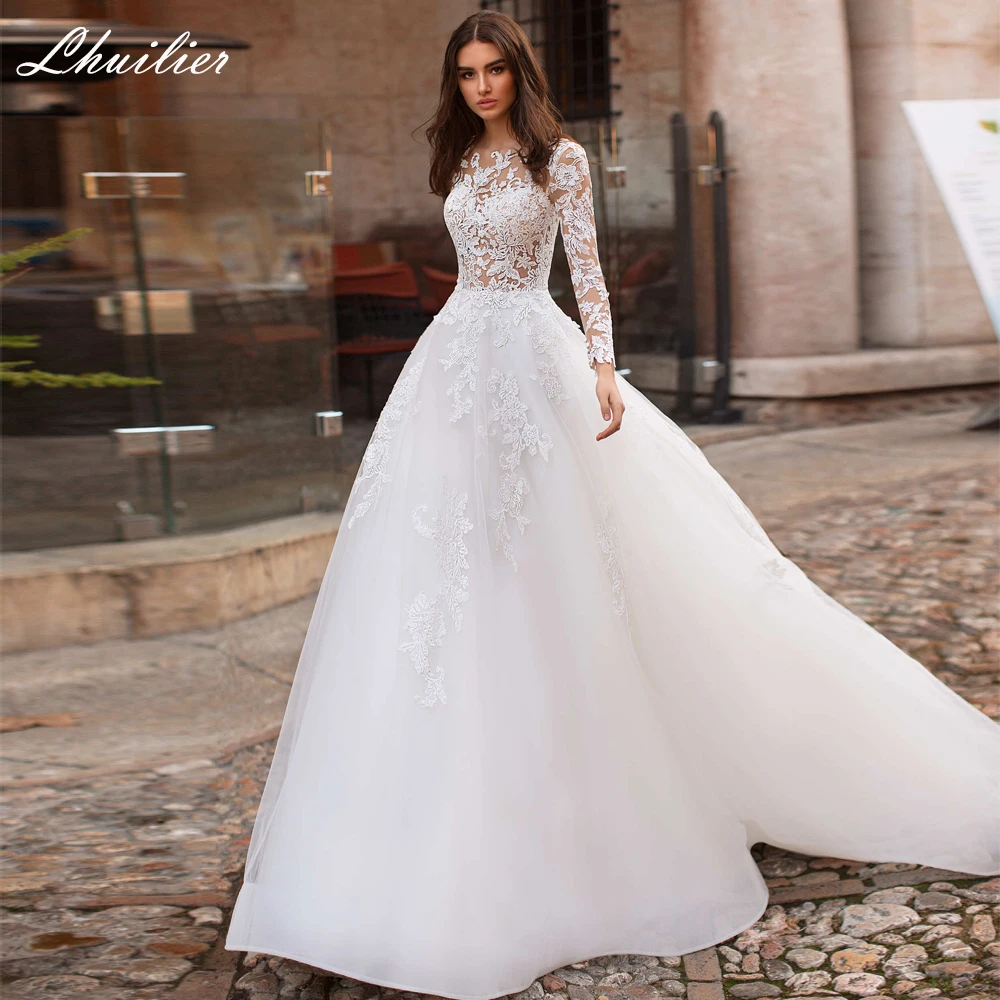 

Lhuilier Women's A Line Illusion Lace Appliques Wedding Dresses Romantic Full Sleeves Floor Length Scoop Neck Tulle Bridal Gowns