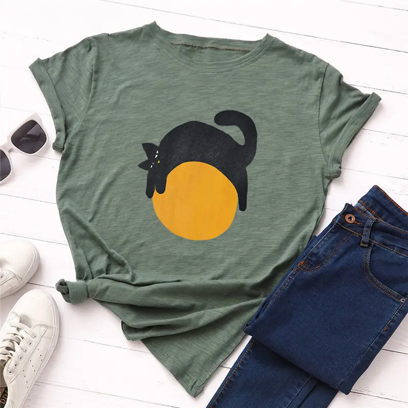 Женская футболка из 100% хлопка с круглым вырезом и принтом кошки|Футболки| |