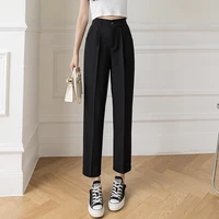 vintage new straight women pants 2021 office lady button high waisted slim nine point small casual loose suit pants 102e