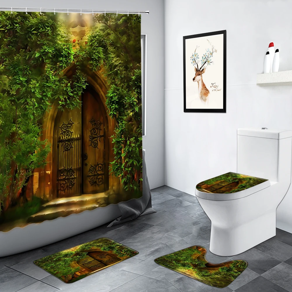 

Dream Forest Retro Old Wooden Door Shower Curtain Trees Green Plants Jungle Scenery Bathroom Decor Non-slip Carpet Bath Mats Set