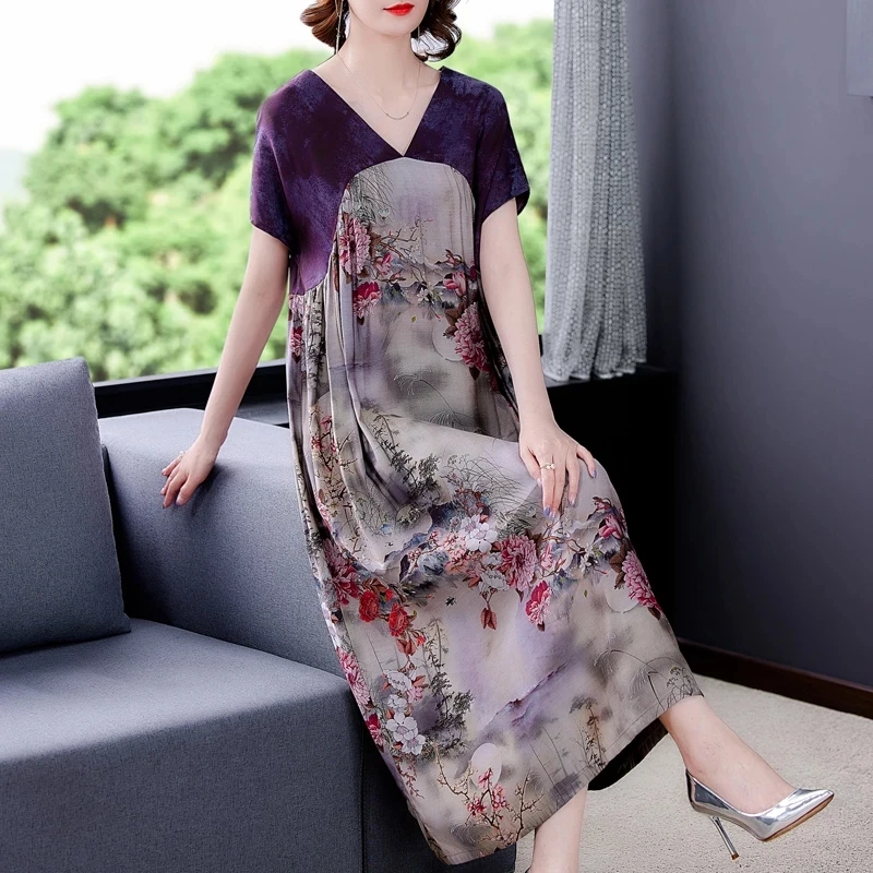 

Vintage Loose Chinese Style Floarl Chiffon Dress 2021 Summer Casual New L-4XL Plus Size Midi Dress Elegant Party Vestidos
