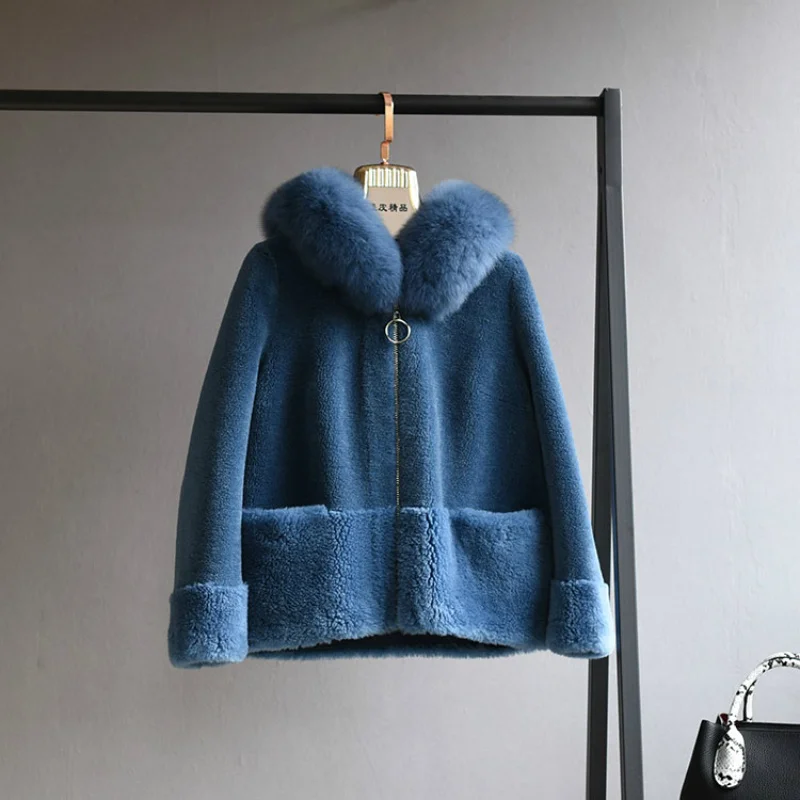 OFTBUY пальто с натуральным мехом, зимняя женская куртка, Воротник из натурального Лисьего меха, капюшон, шерсть, тканая верхняя одежда, плюшевый флис