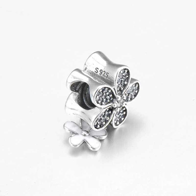 Real 925 Sterling Silver sparkling clear CZ white enamel flower Beads Pendant Fit Original LYNACCS Bracelet Charm Jewelry making | Украшения