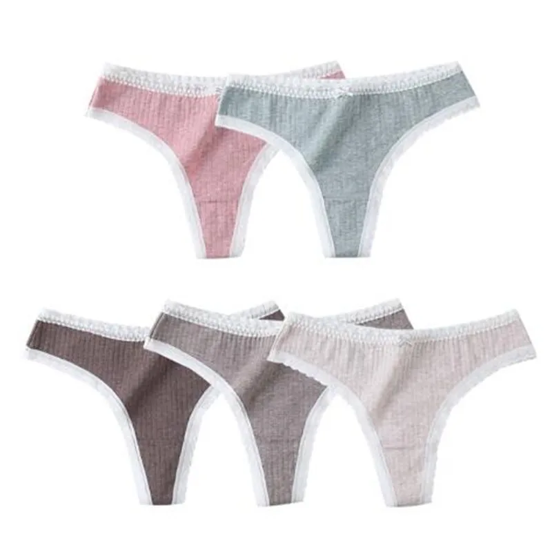 

5pcs/lot Women Cotton Panties Sexy Thong Sports Seamless Tanga Lace-trimmed Underwear Antibacterial Low Waist Girls Underpants