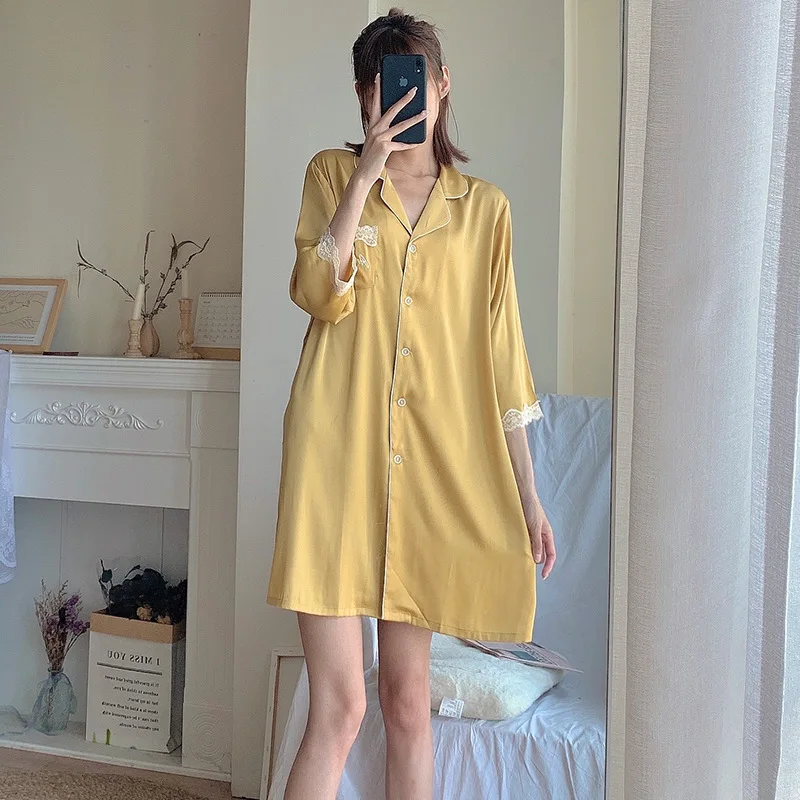 

Loose Women Sleep Shirt Casual Sleepwear Satin Nightdress Home Dressing Gown With Lace Cute Nightgown Faux Silk Nightwear