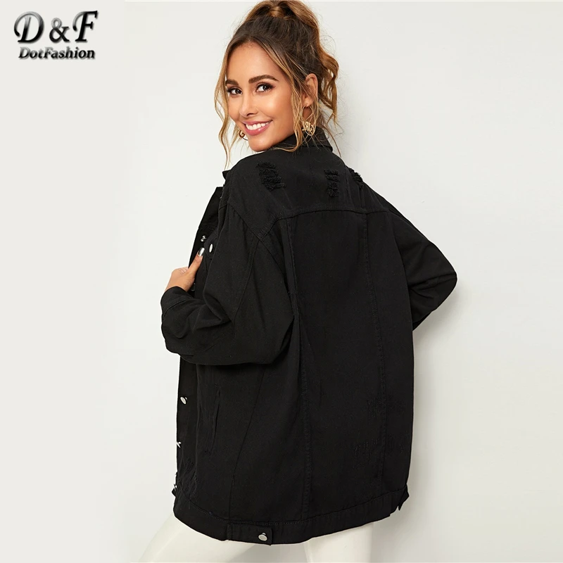 Dotfashion, черный, Повседневный, однобортный пиджак для женщин, осень, на пуговицах, с карманами, куртки для девушек, одноцветная Джинсовая Верхняя одежда