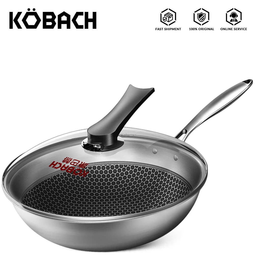 

KOBACH 32cm kitchen wok nonstick pan stainless steel wok honeycomb nonstick bottom kitchen cookware frying pan with lid