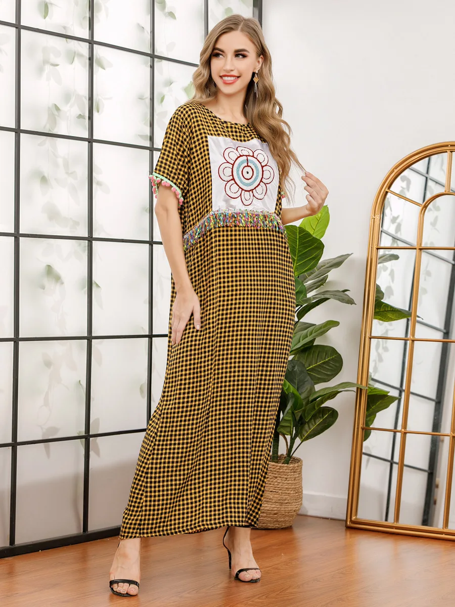 

New Summer Women Dress Muslim Elegant Print India Abayas Moroccan Kaftan Short Sleeve Turkey Islamic Clothing Vestidos jubah