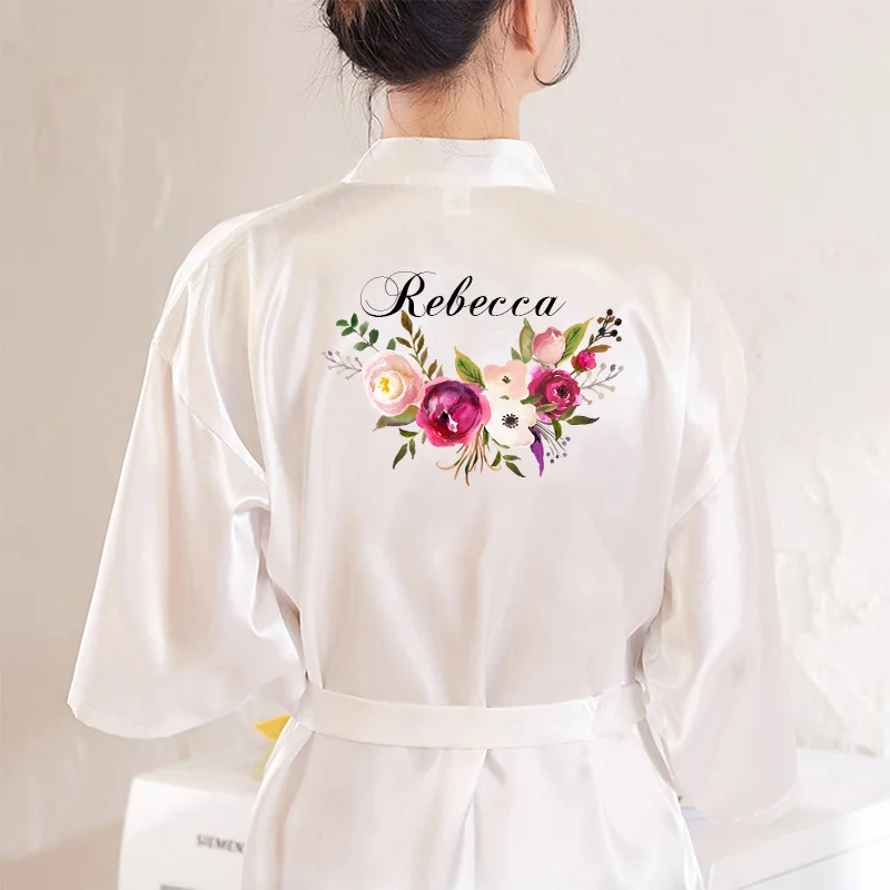 Женский Шелковый Атласный халат с цветочным принтом длинный свадебный невесты и