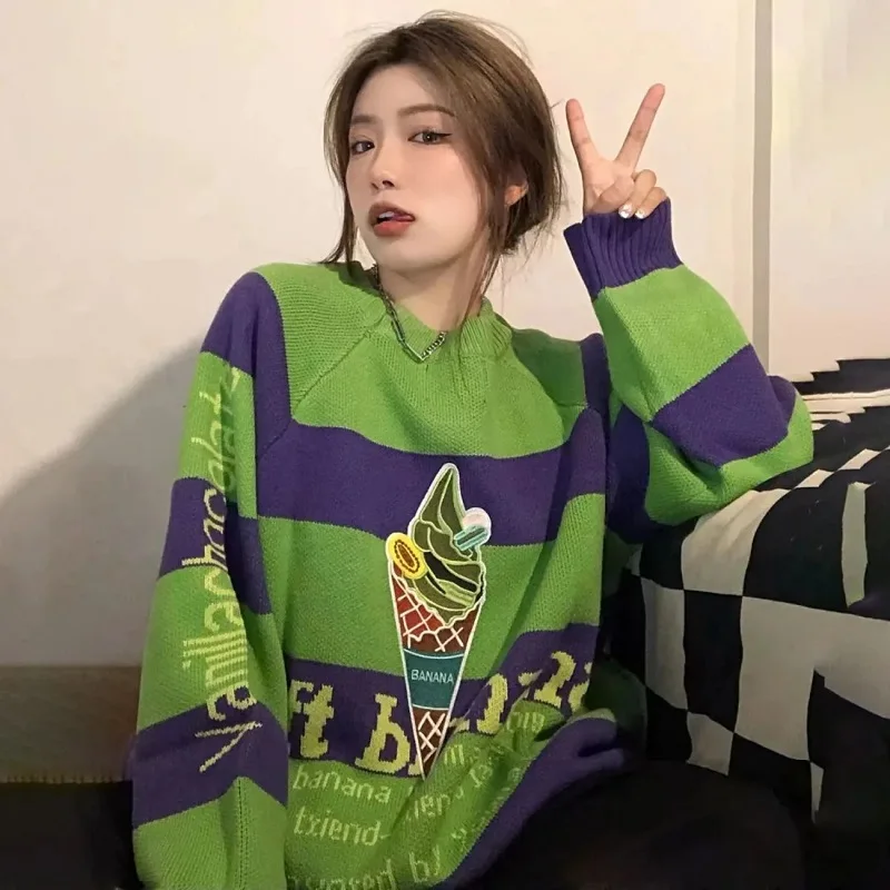 

High street pullover pattern striped sweater casual loose round neck stitching contrast printing sweater thick warm clothes Y2K