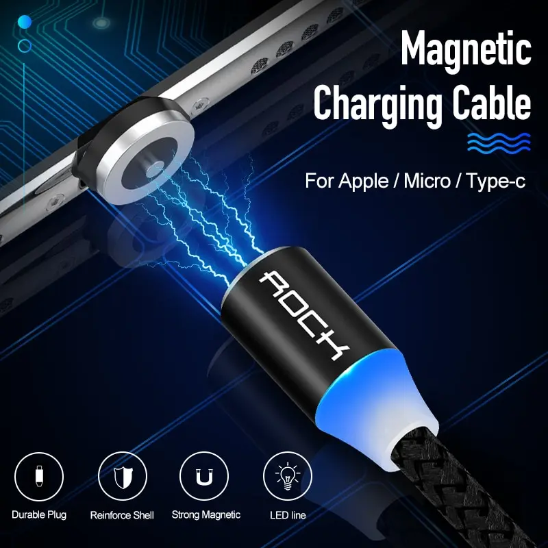 Магнитный кабель ROCK 1 м Micro USB Type C для iPhone 11 Pro Max 8 Samsung Xiaomi|Кабели мобильных