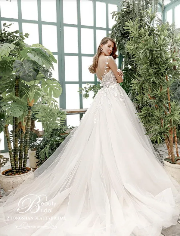 Свадебное платье со шлейфом и кружевной аппликацией 100% реальные фотографии