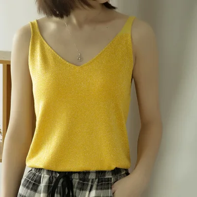 

New summer solid color V-neck knitted suspenders bottoming shirt women gray