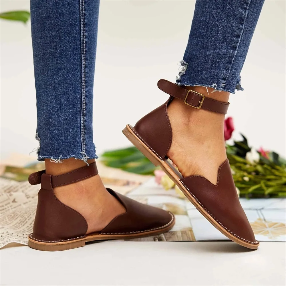 

Women's Soft Flats 2021 All Season Ladies Slip On Ankle Buckle Casual Shoes 35-43 Large-Sized Female Retro Round Toe Loafers