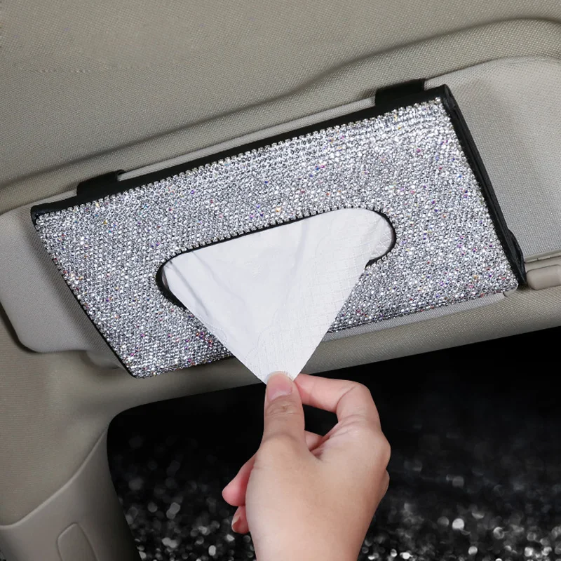 

Bling Bling Diamond Car Visor Tissue Holder Hanging Leather Crystals Rhinestone Paper Towel Cover Case For Women Car Accessories