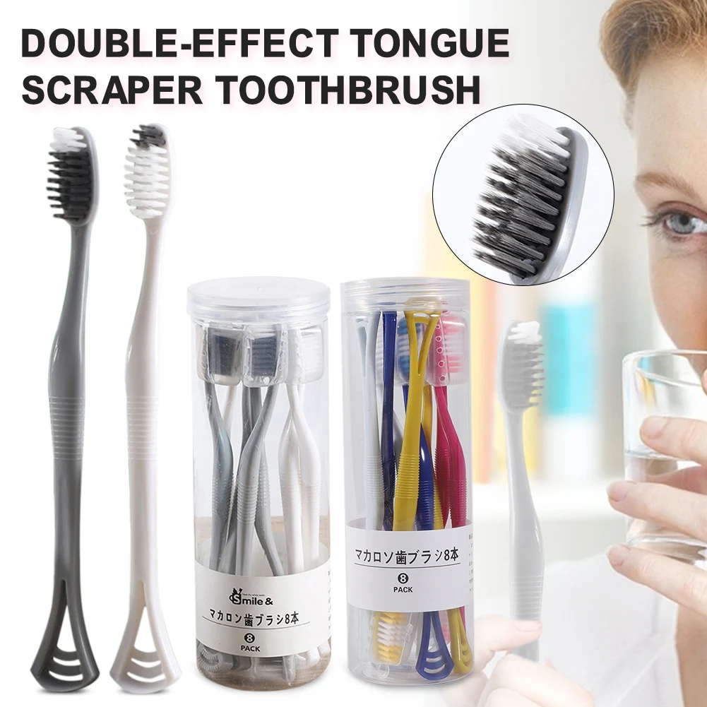 

8PCS 2-in-1 Toothbrush& Tongue Scraper with Lid for Removing Teeth Stains Improving Bad Breath Oral Care Kit