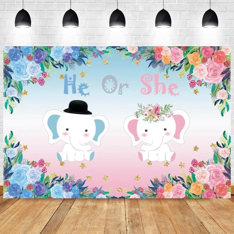

He or She Gender Reveal Elephant Photography Backdrop Baby Shower Happy Birthday Party Newborn Kids Photo Background Banner