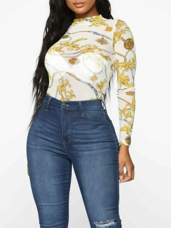 

Women Chain flower print Perspective Fashion Tops Long Sleeve Casual Loose Club Blouse New ropa mujer Plus Size