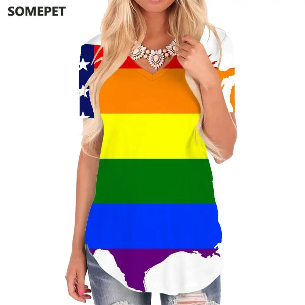 

SOMEPET Rainbow T Shirt Women Colorful Shirt Print National Flag V-neck Tshirt Novel Funny T shirts Womens Clothing Hip hop Cool