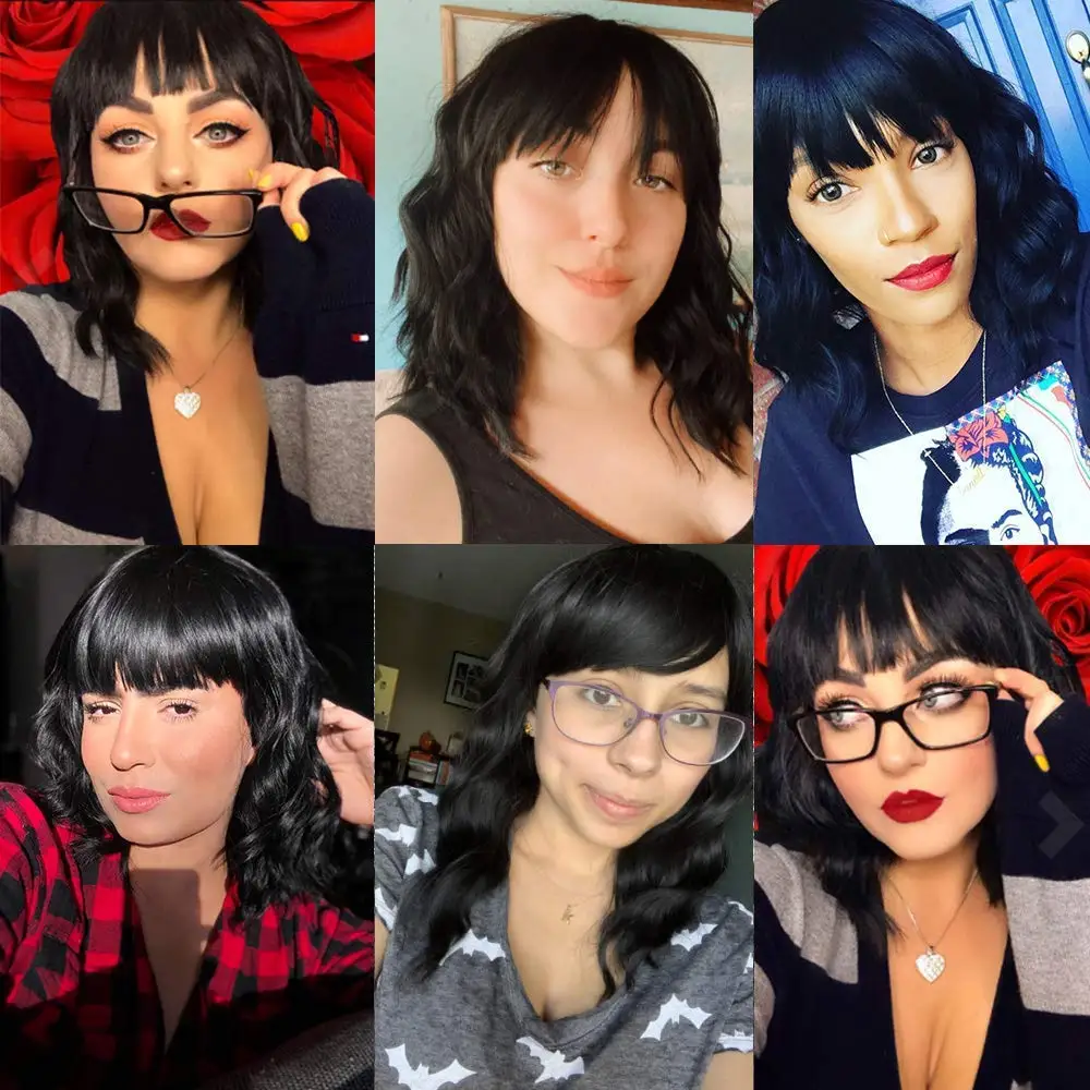 

Bob Curly Wig Synthetic Short Black Wig with Bangs Natural Looking Heat Resistant Fiber Hair for