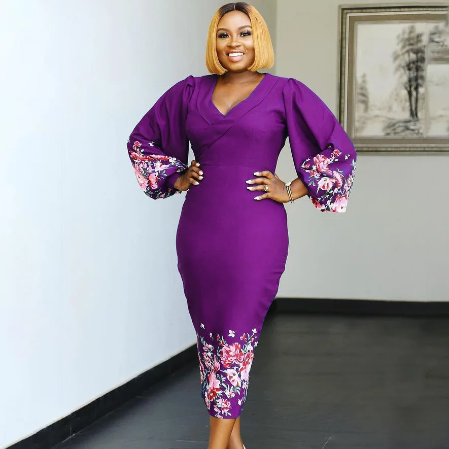 

Purple Women Bodycon Floral Dresses Long Lantern Sleeve V Neck High Waist Package Hip Office Ladies Elegant Midi Vestido Female
