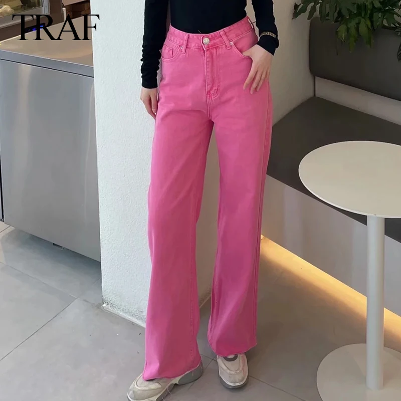 

TRAF Women's Pants Fashion Za Jeans Pockets Solid Color Wide Leg Jeans Retro Commuter High Waist Zipper Flanging Women's Jeans