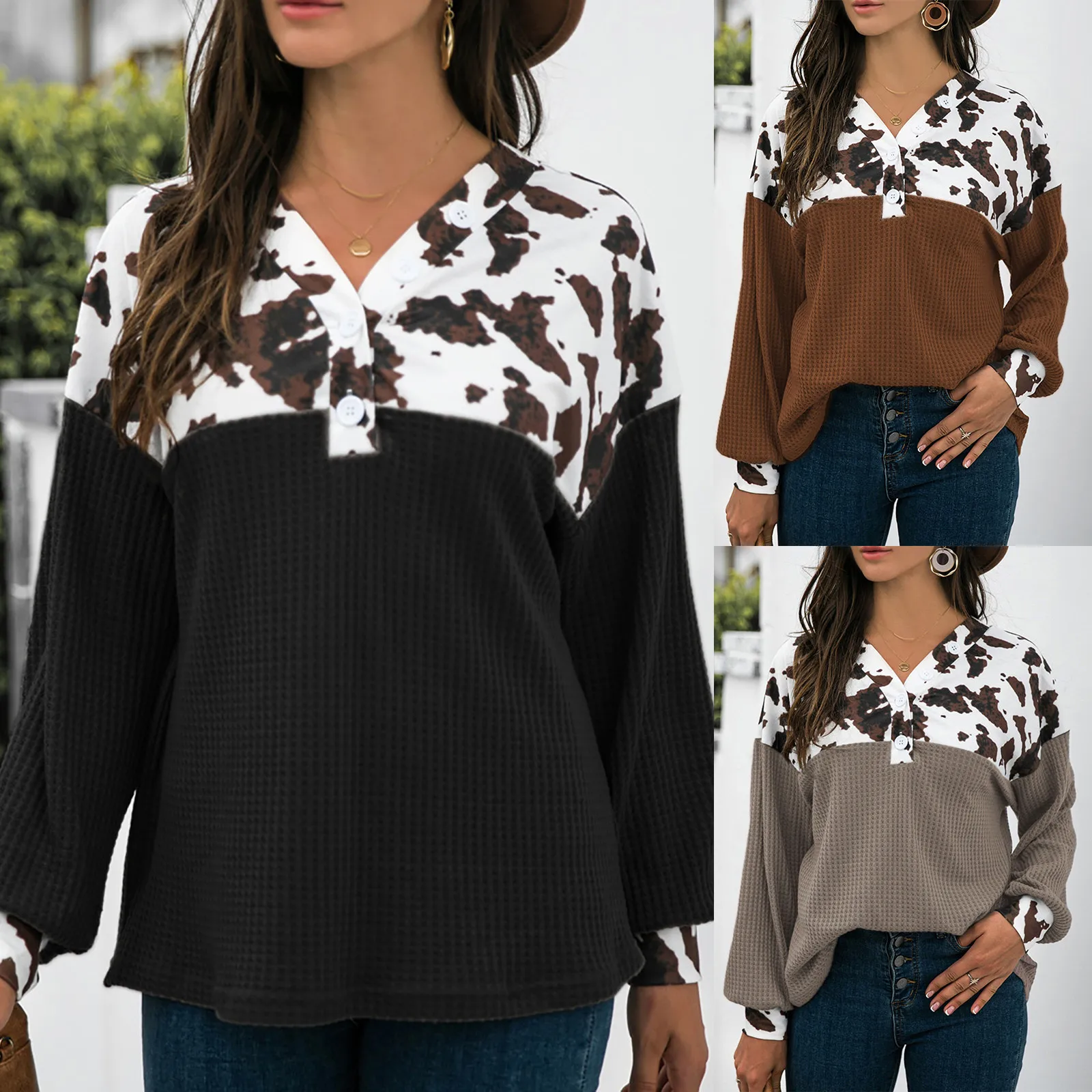 

Hoodies Women Waffle Sweatshirts Fashion Casual Leopard Print Stitching Button Long Sleeve Streetwear Female Top Sudadera Mujer