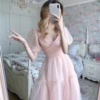lolita puff sleeve slim lace chiffon pink dress elegant designer dress women french bandage dresses 2022 autumn womens clothing