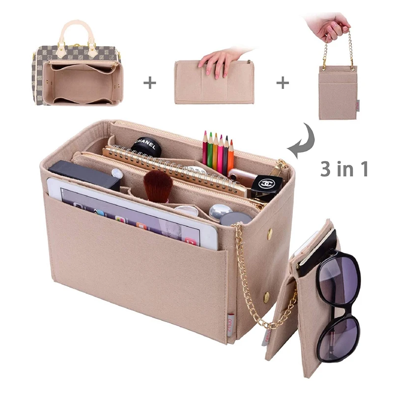Felt Cosmetic bag with wallet Insert Bag For Handbag Organizer Storage bag  (w/Detachable Zip Pocket) Fits Neverfull Speedy