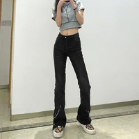 womens mother jeans fashion personality commuter metal chain decoration loose slit flared pants mid waist slim trousers women