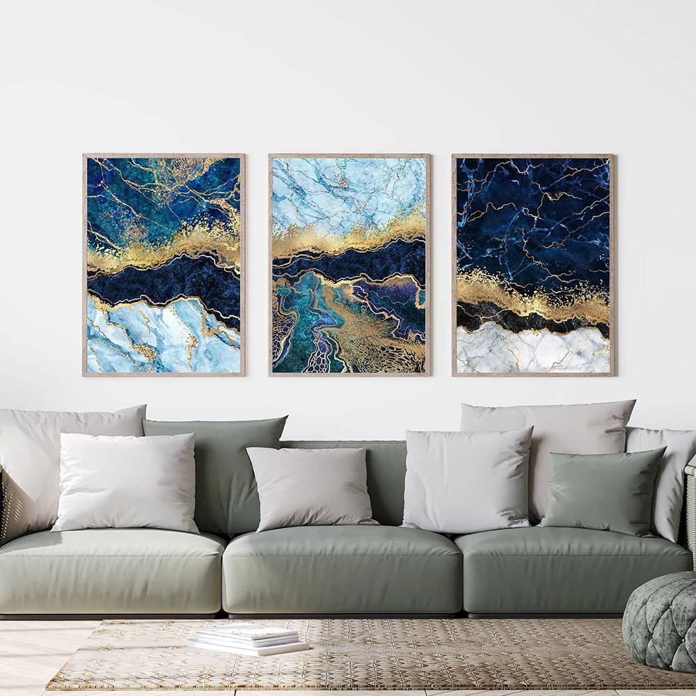 

Blue Marble Golden Canvas Poster Contemporary Art Abstract Painting Print Decorative Wall Picture Modern Home Room Decoration