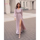 Розовые платья для гостей свадьбы, длинные шифоновые трапециевидные кружевные платья подружки невесты до пола с длинным рукавом и V-образным вырезом, 2021 складки, с передним разрезом