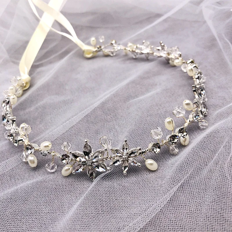 

Silver Color Floral Bridal Tiara Headband Women Prom Pearls Jewelry Crystal Wedding Hairbands Headpiece Hair Acccessories