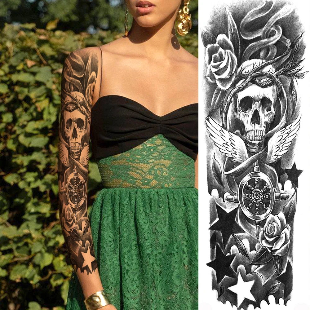 

Skeleton King Temporary Star Tattoos Water Transfer Fake Tattoo Stickers For Men Women Body Art Full Arm Sleeve Fly Wing Tatoo