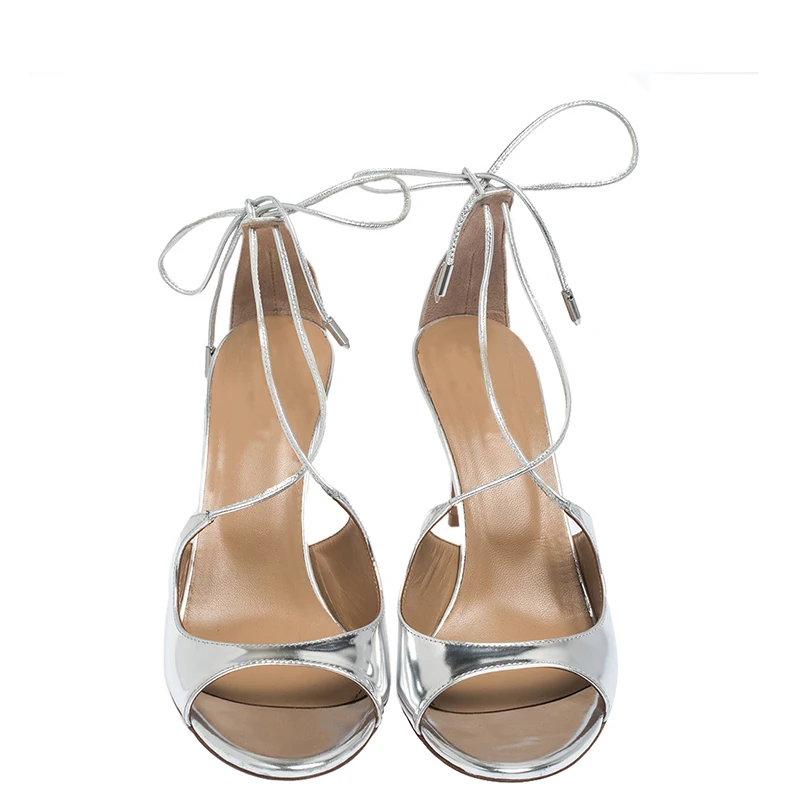 Jual Sandal Wanita Stiletto Perak Hak Tinggi Jari Terbuka Berenda Wanita 2021 Musim Panas Fashion Baru Sepatu Dewasa Ukuran Besar 14 15 Shofoo