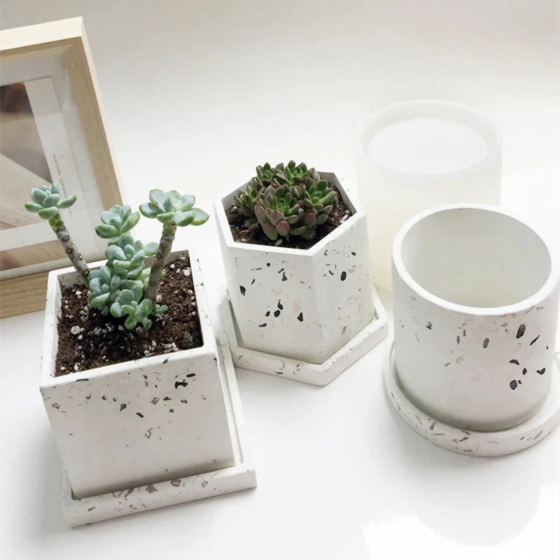 Cement Flowerpot Mold Silicone DIY Succulent Pot Round Square Terrazzo Flowerpot Mold Resin Cement Art Supplies Clay Molds