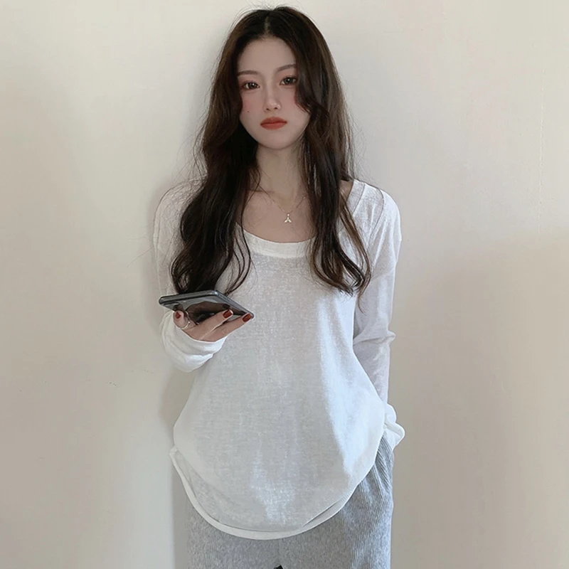 

Simple Solid Color Long-Sleeve T-Shirt Thin Korean Version Loose and Thin Inner Base Shirt White One Size