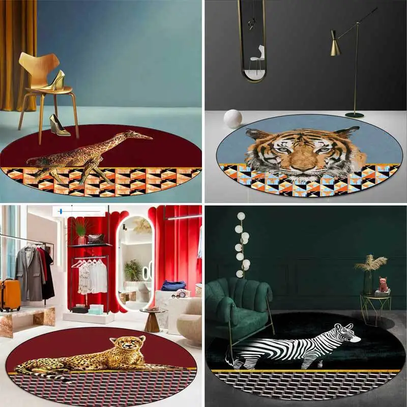 

Fashion animal Tiger giraffe horse floor mat Geometric mosaic living room bedroom round plush rug 160cm customize door mat