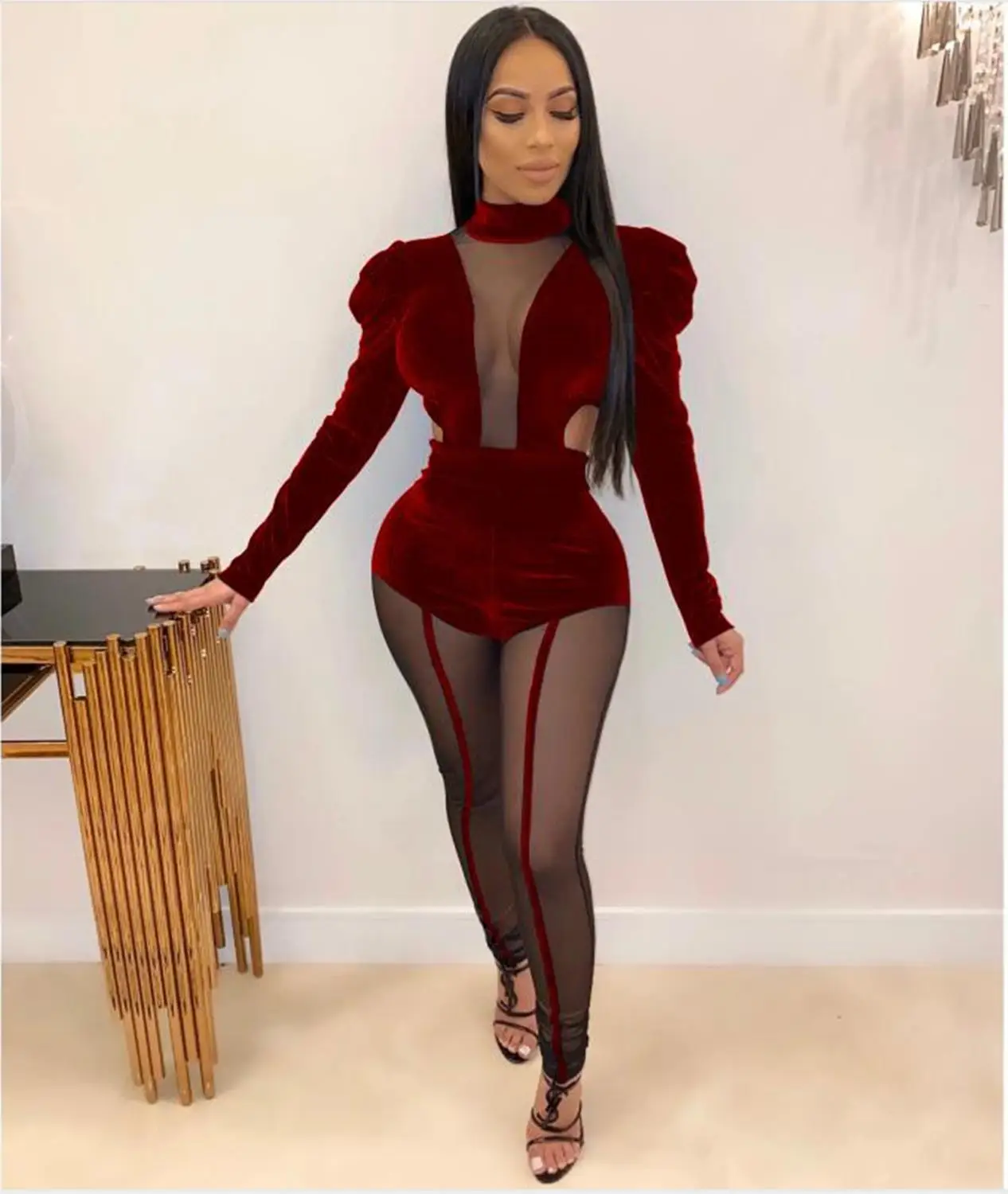 burgundy jumpsuit Прозрачный сетчатый лоскутный бархатный комбинезон для женщин, сексуальный, с пышными рукавами, с вырезами, женский комбинезон, бодикон, боди для ночного клуба, комбинезоны - Цвет: burgundy jumpsuit