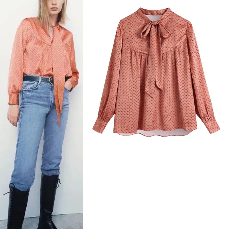 

Женская короткая блузка с принтом Za, Повседневная рубашка с отложным воротником и длинным рукавом, шикарная на пуговицах, женская рубашка с...